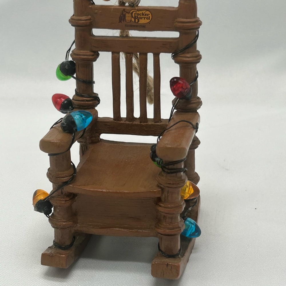 Cracker Barrel Brown Mini Rocking Chair Ornament with Multi-Colored Bulbs
